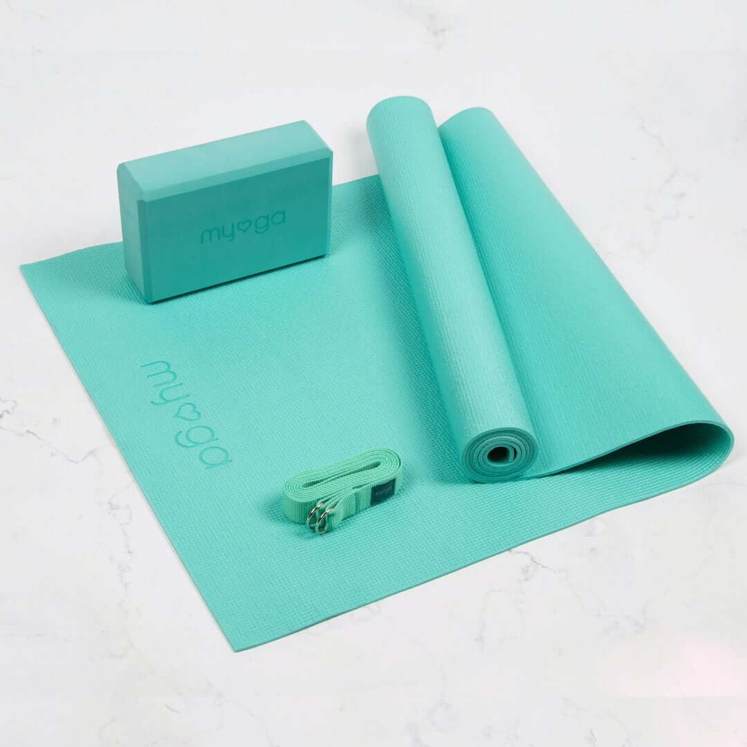 Sada na jógu Yoga Starter Kit: podložka, blok, popruh – tyrkysová