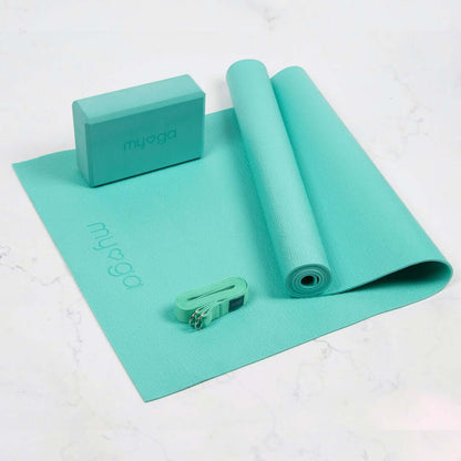 Sada na jógu Yoga Starter Kit: podložka, blok, popruh – tyrkysová