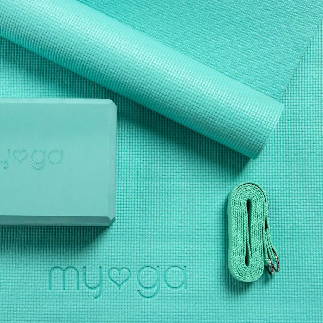Sada na jógu Yoga Starter Kit: podložka, blok, popruh – tyrkysová