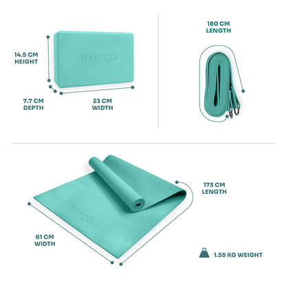 Sada na jógu Yoga Starter Kit: podložka, blok, popruh – tyrkysová