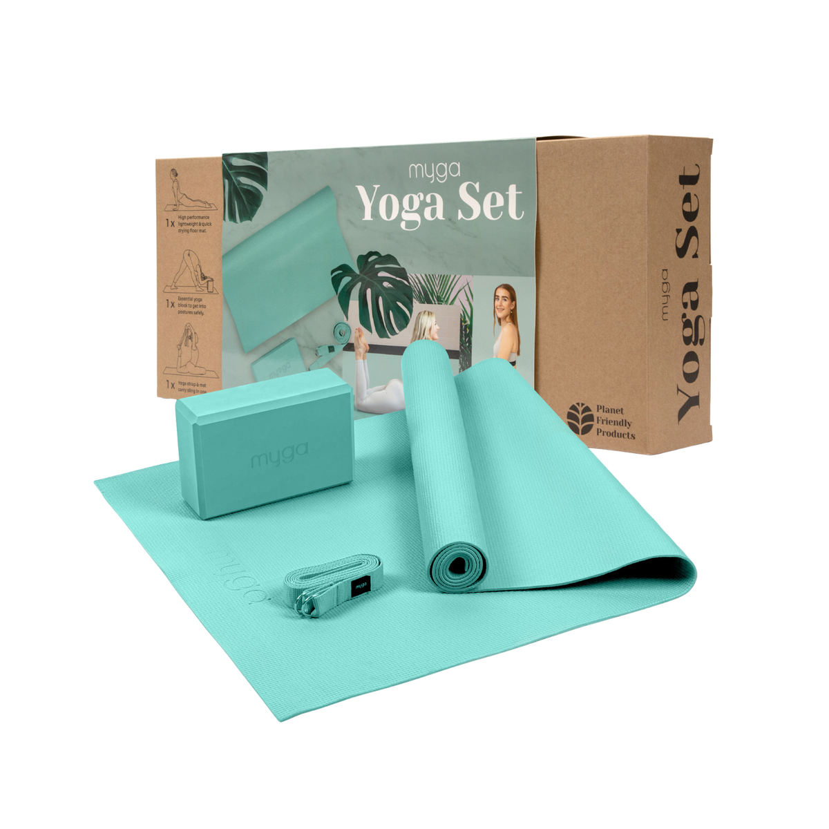 Sada na jógu Yoga Starter Kit: podložka, blok, popruh – tyrkysová